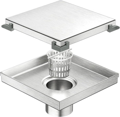 Neodrain 4" Brushed Square Shower Drain with Removable Tile Insert Grate | 304 Stainless Steel Tile Square Drain, Hidden Drain,Easy to Clean, Waterproof & Sturdy Shower Drain, CUPC Certified