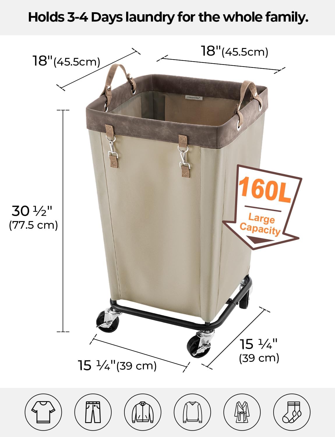 StorageWorks 160L Laundry Basket with Wheels, Rolling Hampers for Clothing | Beige Laundry Basket with Wheels, Metal Frame & Handles, Rolling Hamper for Bedroom, Bathroom, Dorm, Hotel