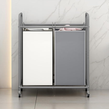 SUOERNUO Laundry Hamper with Lockable Wheels and 2 Removable Bags | Rolling Laundry Basket Laundry Sorter 2 section for Dirty Clothes in Laundry Room or Small Spaces, Grey+Beige