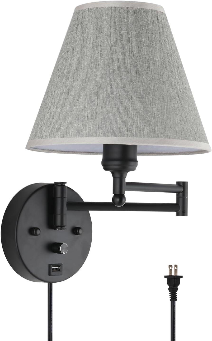 Swing Arm Wall Lamp Plug in Wall Sconces Adjustable Vintage Industrial Reading Light Bedside Wall Mount Light with Dimmable Switch and USB Port Black
