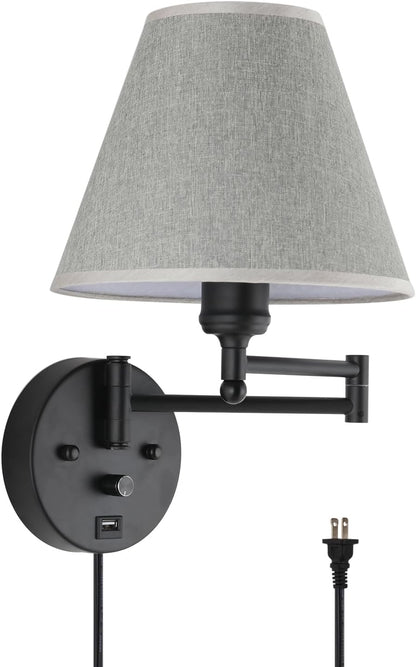 Swing Arm Wall Lamp Plug in Wall Sconces Adjustable Vintage Industrial Reading Light Bedside Wall Mount Light with Dimmable Switch and USB Port Black
