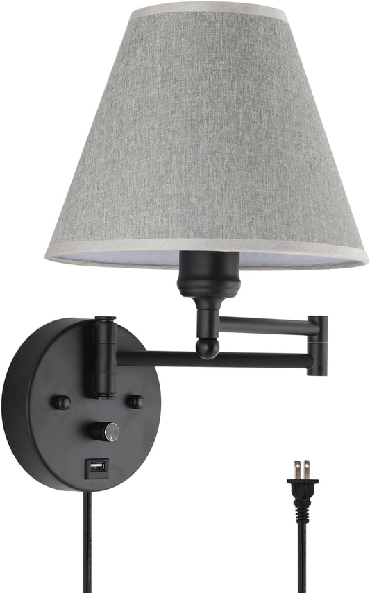 Swing Arm Wall Lamp Plug in Wall Sconces Adjustable Vintage Industrial Reading Light Bedside Wall Mount Light with Dimmable Switch and USB Port Black