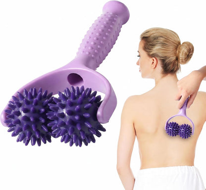 Handheld Spiky Massage Balls Rollers, 2 Wheel Spiky Massage Ball Rollers Silicone Manual Massage Roller with Handle Pressure Point Muscle Massage Tool for Foot Arm Body Neck Leg Pain Pressure Relief