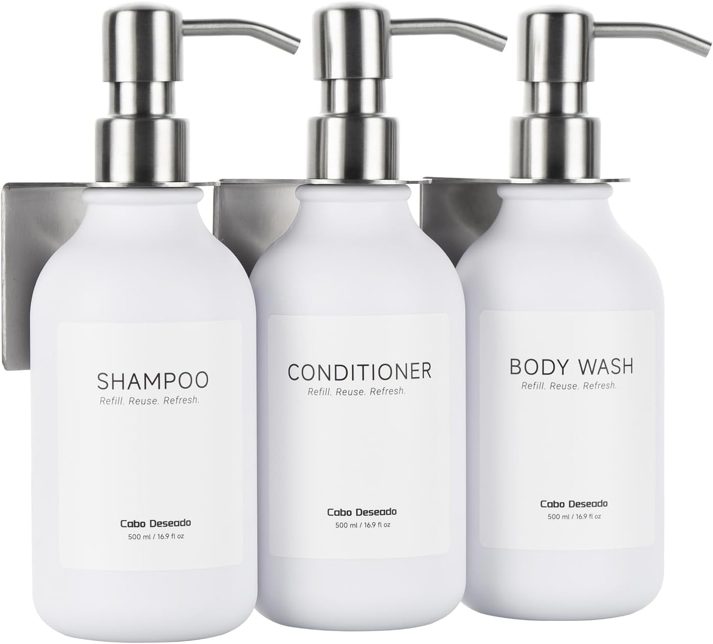 Shampoo and Conditioner Dispenser - Shower Soap Dispenser 3 Chamber No Drill - Bathroom Soap Dispenser Wall Mount Adhesive - Clear PET Bottles with Nature Bamboo Pumps Set Refillable 1500ml