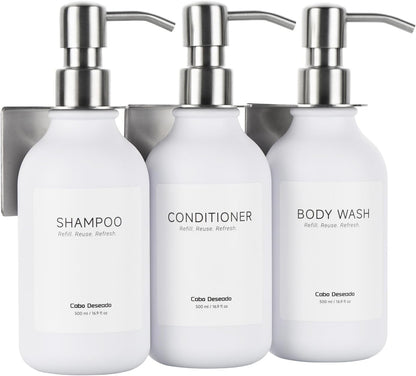 Shampoo and Conditioner Dispenser - Shower Soap Dispenser 3 Chamber No Drill - Bathroom Soap Dispenser Wall Mount Adhesive - Clear PET Bottles with Nature Bamboo Pumps Set Refillable 1500ml