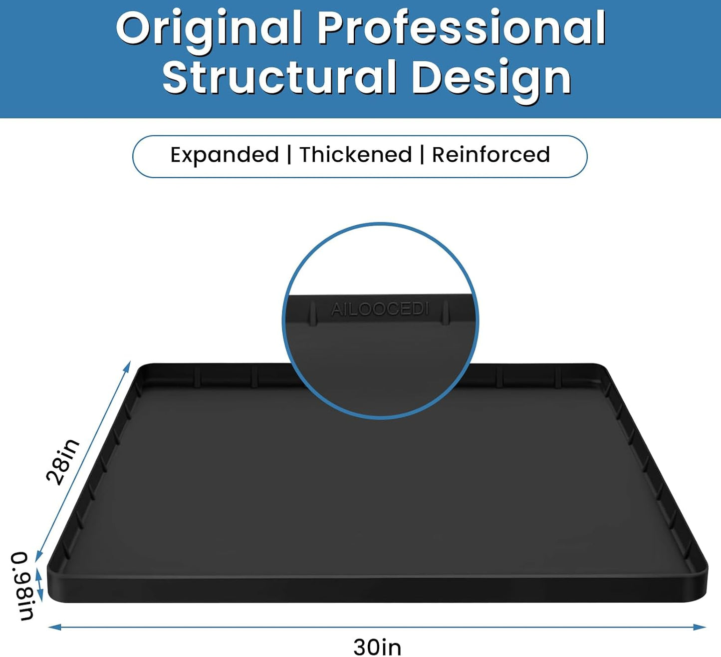 Large Thickened Washing Machine Mat 30" x 28" Silicone Black | Under Washer and Dryer Drain Pan Drip Tray Floor Protector Non-Slip Flexible Soft Mat Waterproof Raised Edge 0.98''