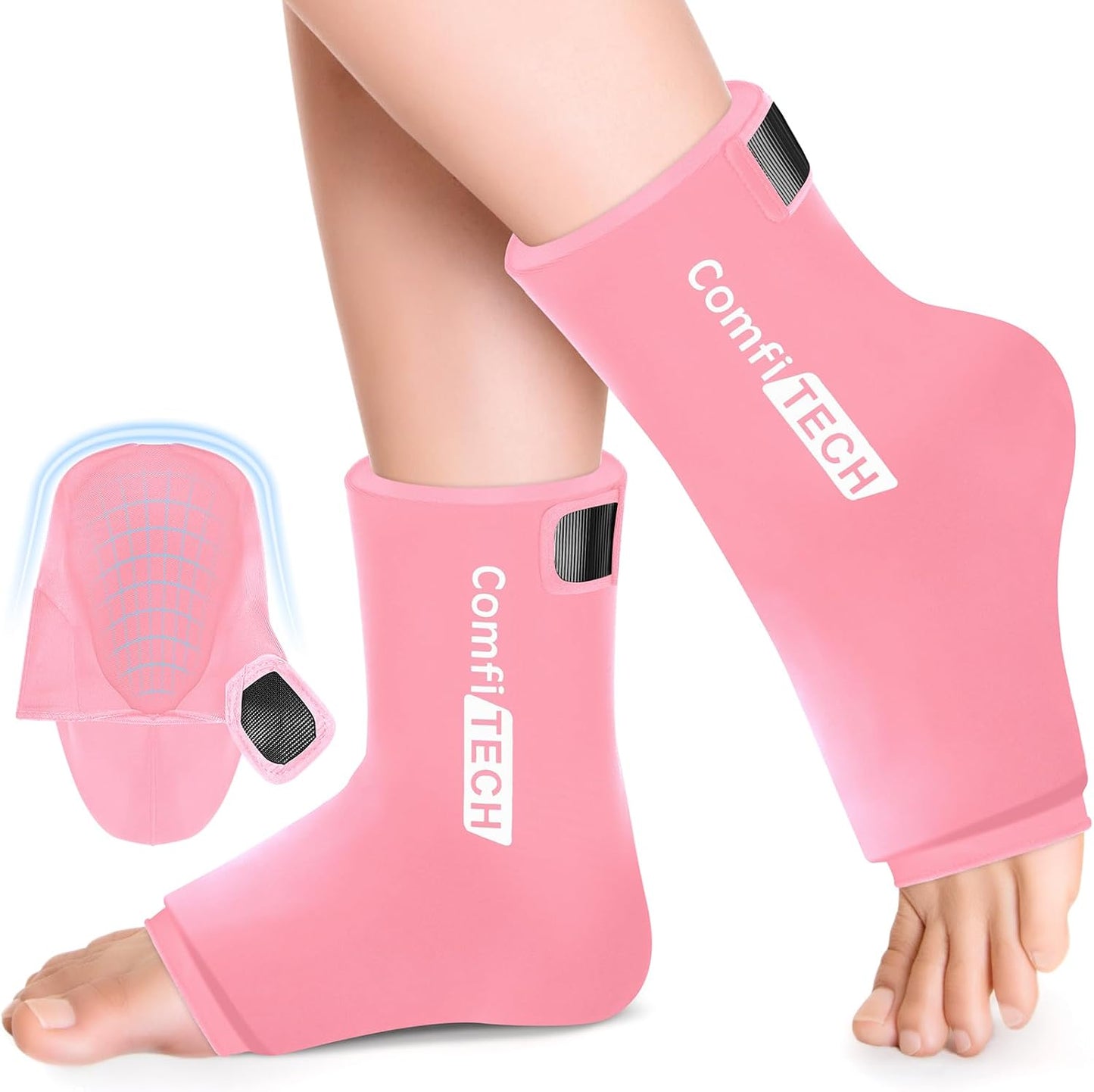 ComfiTECH Ankle Ice Pack Wrap, Large Opening for Foot & Heel, L, Pink | Pliable After Frozen, Eases Ankle Sprains, Heel Soreness & Foot Swelling
