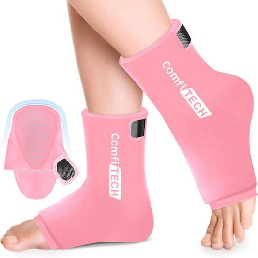 ComfiTECH Ankle Ice Pack Wrap, Large Opening for Foot & Heel, L, Pink | Pliable After Frozen, Eases Ankle Sprains, Heel Soreness & Foot Swelling