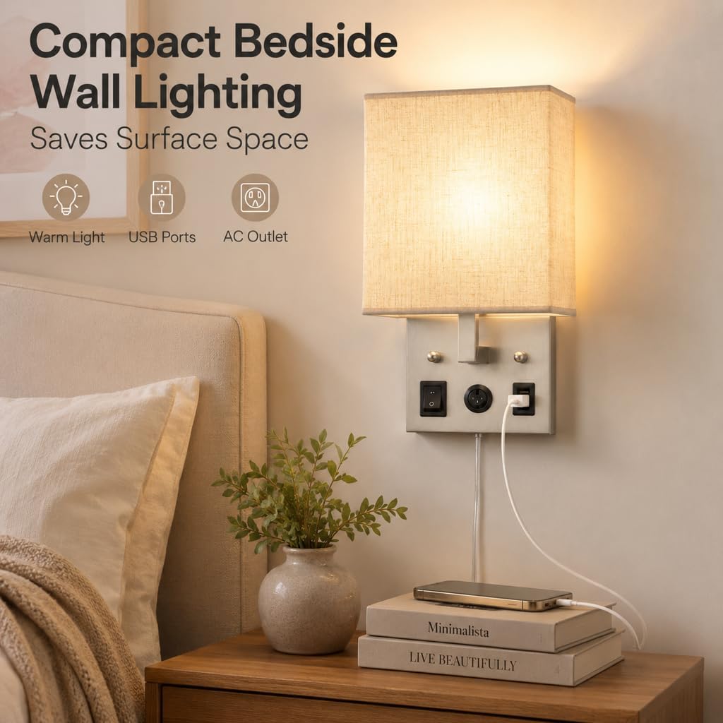 Vrisa Wall Sconces Wall Lamps for Bedrooms Set of 2 Plug in Bedside Lights Wall Mounted with USB Ports Outlet Wall Light Fixtures for Bedroom Living Room Black (2 Bulbs Included)