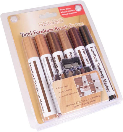 Furniture Repair kit, Wood Scratch Cover Markers*6 and Wax Filler Sticks*6 with Sharpener- 13Pack, Furniture Markers Touch Up Kit for Cover Ups Wooden Floors, Tables, Desks, Carpenters, Stains, Holes