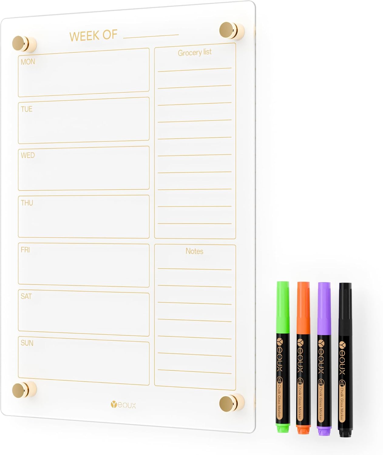 Yeoux Clear Glass Golden Weekly & Menu Dry Erase Calendar Board 15“x11 | Wall Mount, Non-Magnetic, Meal Planning & Grocery Shopping List Whiteboard for Kitchen & Home, 4 Markers