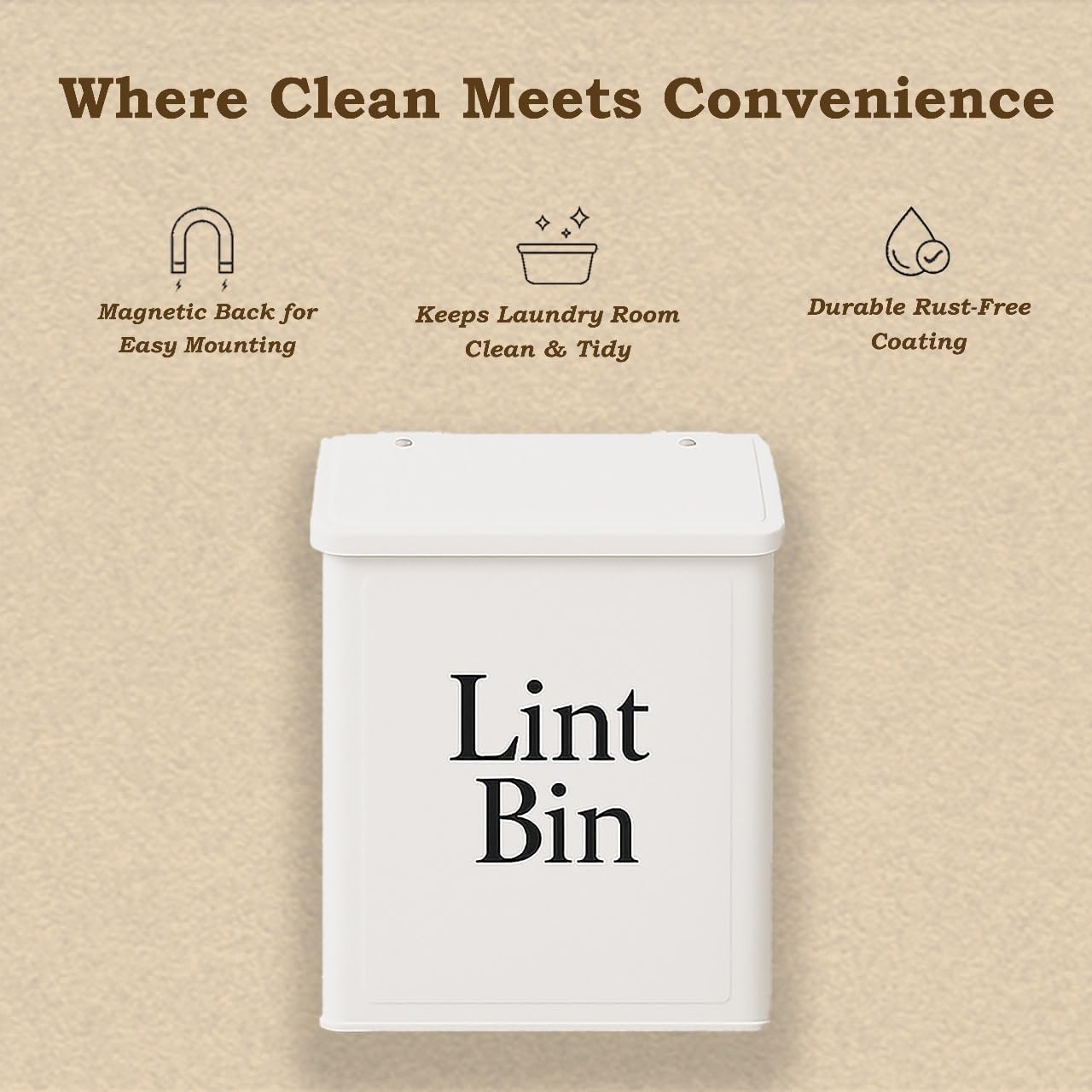 Magnetic Lint Bin for Laundry Room Organization & Storage, Wall-Mounted Dryer Lint Bin Trash Can with Lid, Lint Box Includes Brush, 2 White Hooks, 1 Black Hook, Screws & Magnet Glue (White)