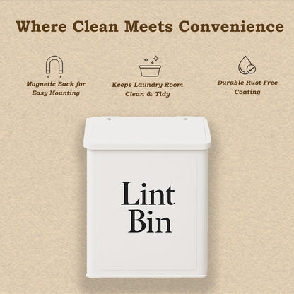 Magnetic Lint Bin for Laundry Room Organization & Storage, Wall-Mounted Dryer Lint Bin Trash Can with Lid, Lint Box Includes Brush, 2 White Hooks, 1 Black Hook, Screws & Magnet Glue (White)