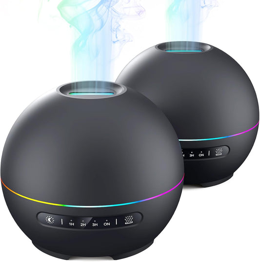 THIMONES 2 Pack Essential Oil Diffuser for Home - 200ml Ultrasonic Aromatherapy Diffuser with 4 Timers & 7 Colors Night Lights, 20dB Quiet Working for 10 Hours (Black+Black)