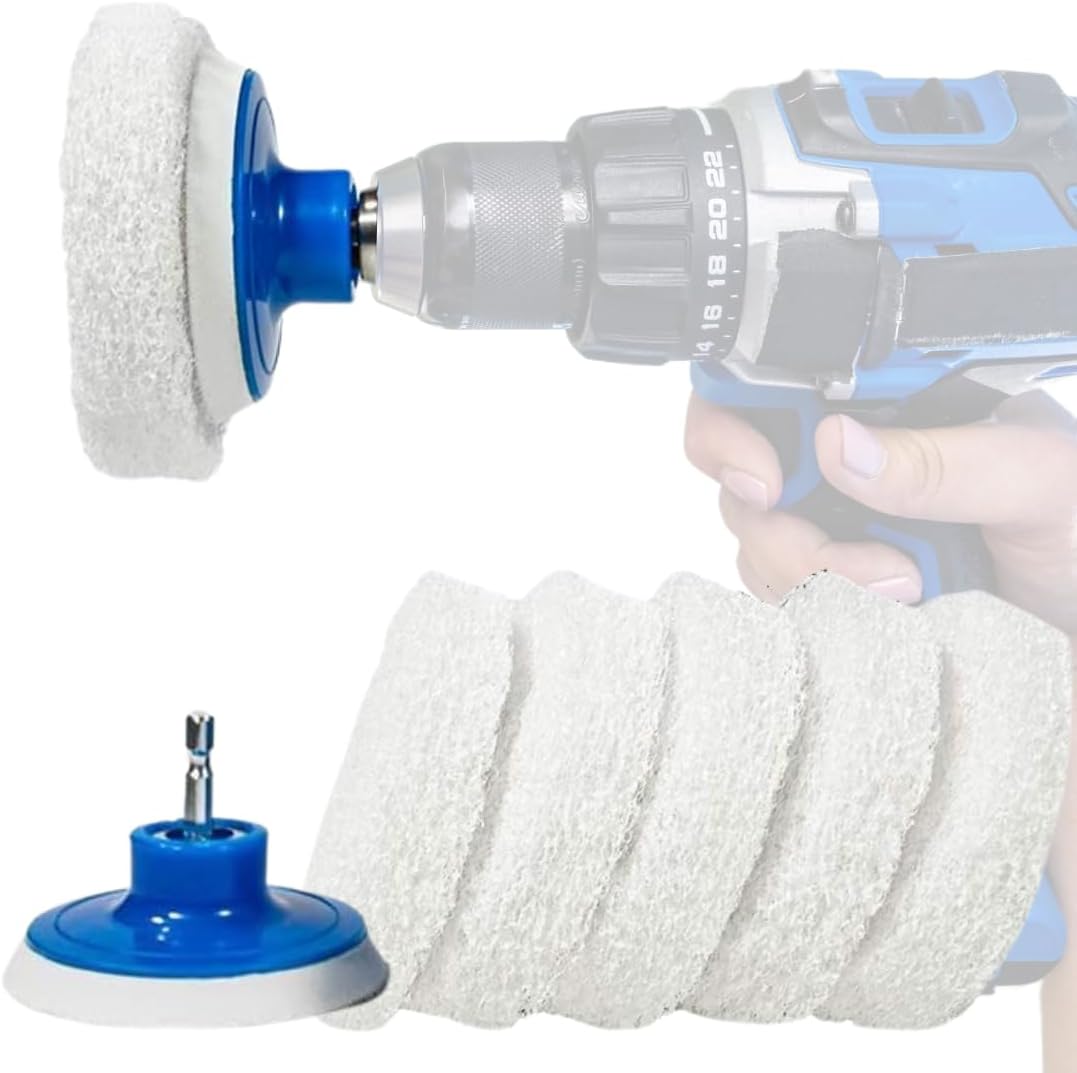 7 Pack Drill Brush Set for Deep Cleaning, Scratch Resistant, Bathroom, Oven, Countertops, Sinks, Soap Scum, Tile, Boats, Patio Furniture & More | 6 reusable non-scratch white nylon pads for showers, tubs, tile, grout, sinks and counters; fits drills and