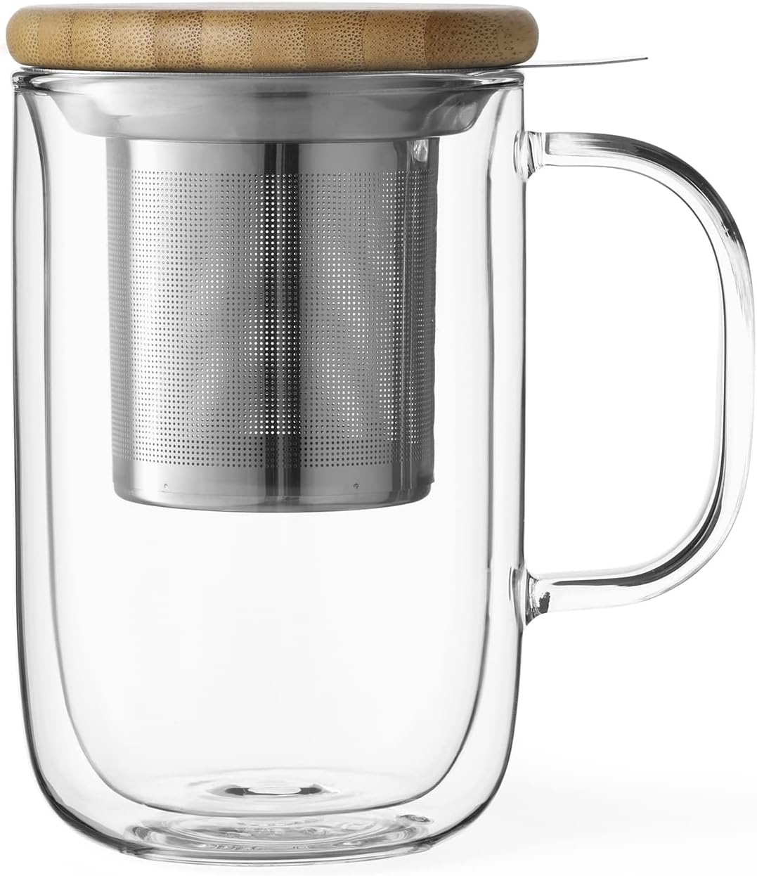 VIVA Minima Balance Glass Infuser Tea Cup - 17 oz / 500 ml Mug with Stainless Steel Infusion Mesh and Bamboo Wood Lid