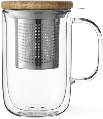 VIVA Minima Balance Glass Infuser Tea Cup - 17 oz / 500 ml Mug with Stainless Steel Infusion Mesh and Bamboo Wood Lid