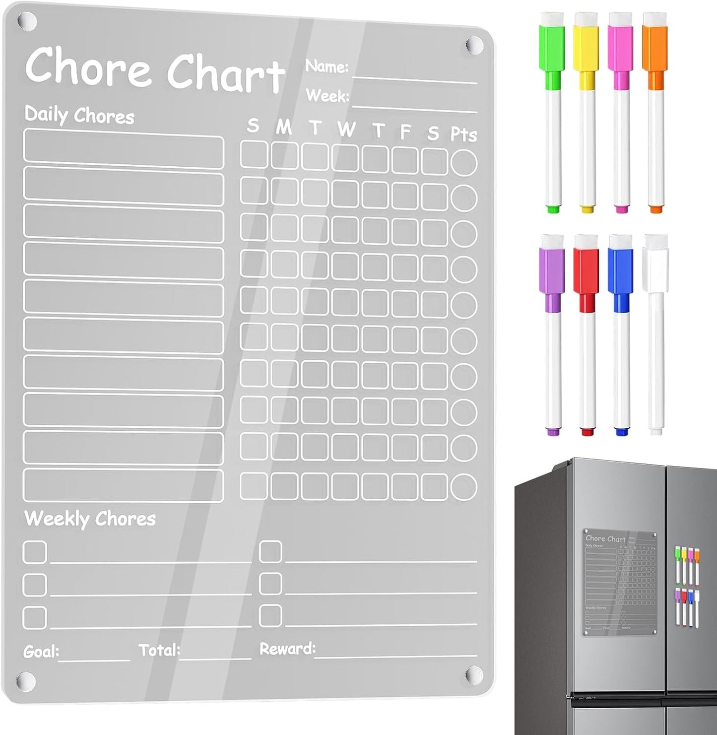 Fridge Chore Chart Clear Acrylic Dry Erase Checklist | with 8 Markers 15.7x11.8inch Magnetic Weekly Chore Chart for Teens Kids Family Kitchen Refrigerator Daily Weekly Schedule