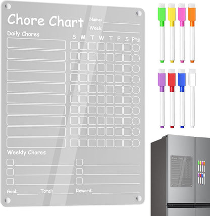 Fridge Chore Chart Clear Acrylic Dry Erase Checklist | with 8 Markers 15.7x11.8inch Magnetic Weekly Chore Chart for Teens Kids Family Kitchen Refrigerator Daily Weekly Schedule