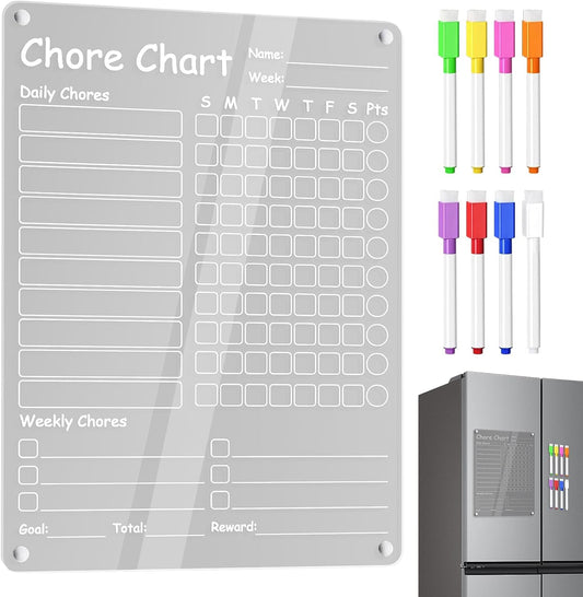 Fridge Chore Chart Clear Acrylic Dry Erase Checklist | with 8 Markers 15.7x11.8inch Magnetic Weekly Chore Chart for Teens Kids Family Kitchen Refrigerator Daily Weekly Schedule