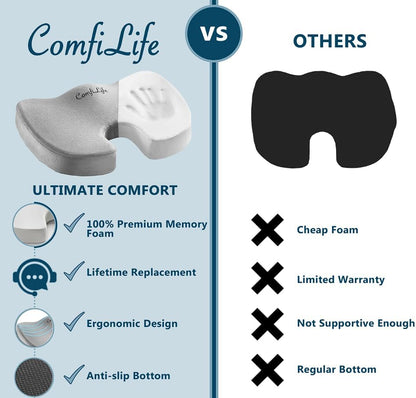 ComfiLife Premium Comfort Seat Cushion - Non-Slip Orthopedic 100% Memory Foam Coccyx Cushion for Tailbone Pain - Cushion for Office Chair Car Seat - Back Pain & Sciatica Relief (Gray)