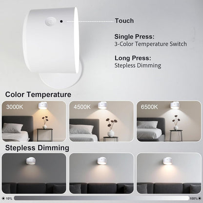 Lemical LED Magnetic Wall Mounted Lights USB Rechargeable Wall Sconces with Remote 3 Color Temperatures Dimmable 360°Rotate Magnetic Ball Convertible to Desk Lamp Bedside Light for Reading Hallway