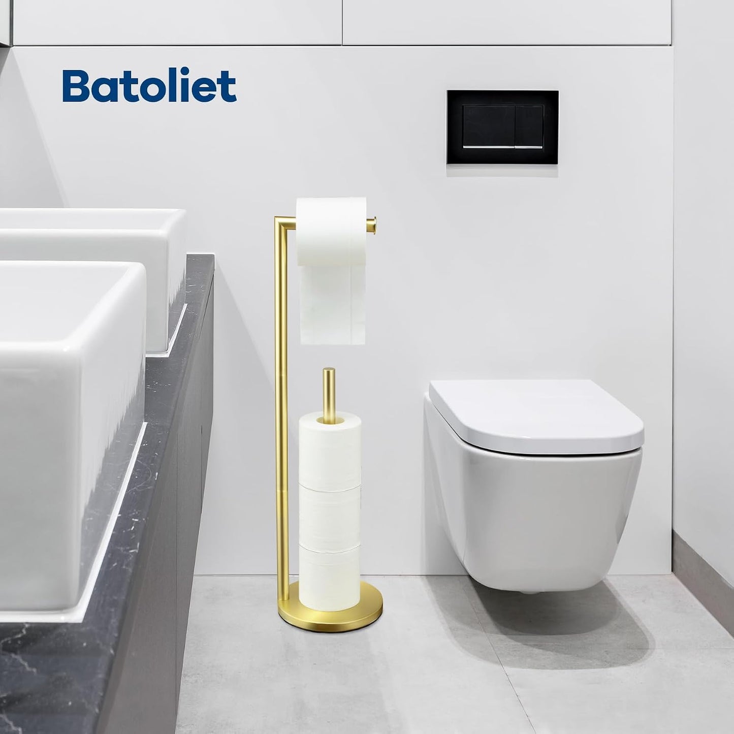 Toilet Paper Holder Stand, Bathroom Free Standing with Storage, Black | Rustproof Toilet Paper Roll Holder for 4 Rolls,with Non-Slip Stable Base,Bathroom Organizers and Storage