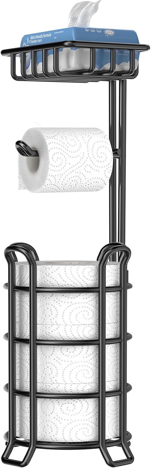 TomCare Toilet Paper Holder Free Standing with Shelf, Stable 4 Raised Feet | Stores 4 Mega Rolls, Tool-Free Assembly, Powder-Coated Metal Frame, Bathroom Storage Organizer for Spare Rolls, Silver