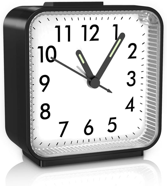 Analog Alarm Clock, Silent Non Ticking Table Clock, Travel Bedside Clock with Snooze, Night Light, Ascending Beep Sounds, Battery Operated Loud Small Clocks for Bedroom Travel Office, Black