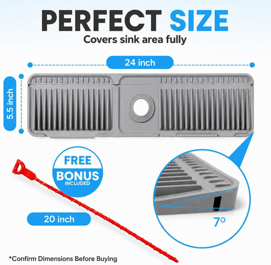 Faucet Mat for Kitchen Sink – 24 Inch Silicone Sink Splash Guard with 2 FREE Drain Cleaning Rods, Food-Grade Kitchen Faucet Mat, Self-Draining Countertop Protector for Kitchen & Bathroom