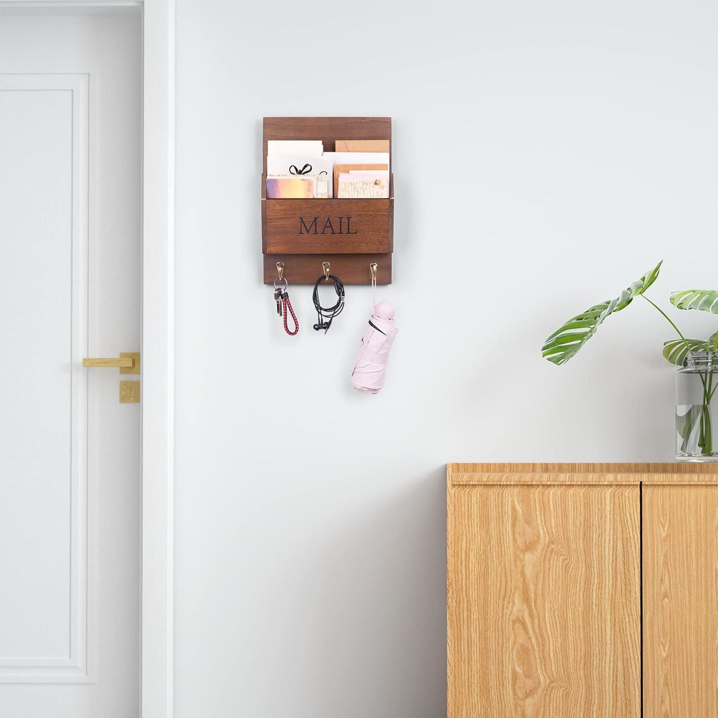 DLQuarts Solid Wood Mail Organizer with Key Holder for Wall, Mail Sorter Wall Mounted, Decorative Wooden Key and Mail Holder with 3 Hooks, White