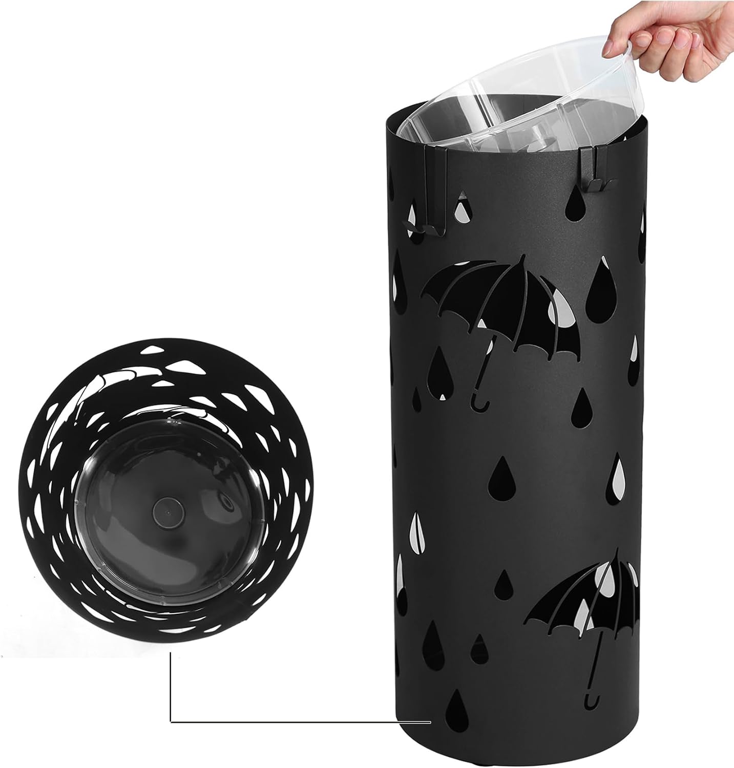 SONGMICS Umbrella Stand, Metal Umbrella Holder for Entryway, with Water Tray and 4 Hooks, 7.7 x 7.7 x 19.3 Inches, Round, Ink Black ULUC23B