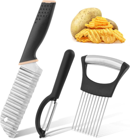 Crinkle Cutter with Onion Holder for Slicing and P-type Peeler, Stainless Steel Wavy Slicer with Handle, Crinkle Cutter for Veggies, Potatoes(Set of 3)