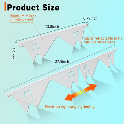 Stove Gap Covers Stainless Steel, 2 Pack Stove Gap Filler Easy Retractable Length 13.8" to 27.5", Width 0.79" Stove Gap Guards Range Trim Kit, Heat Resistant Guard Between Stove Top & Counter