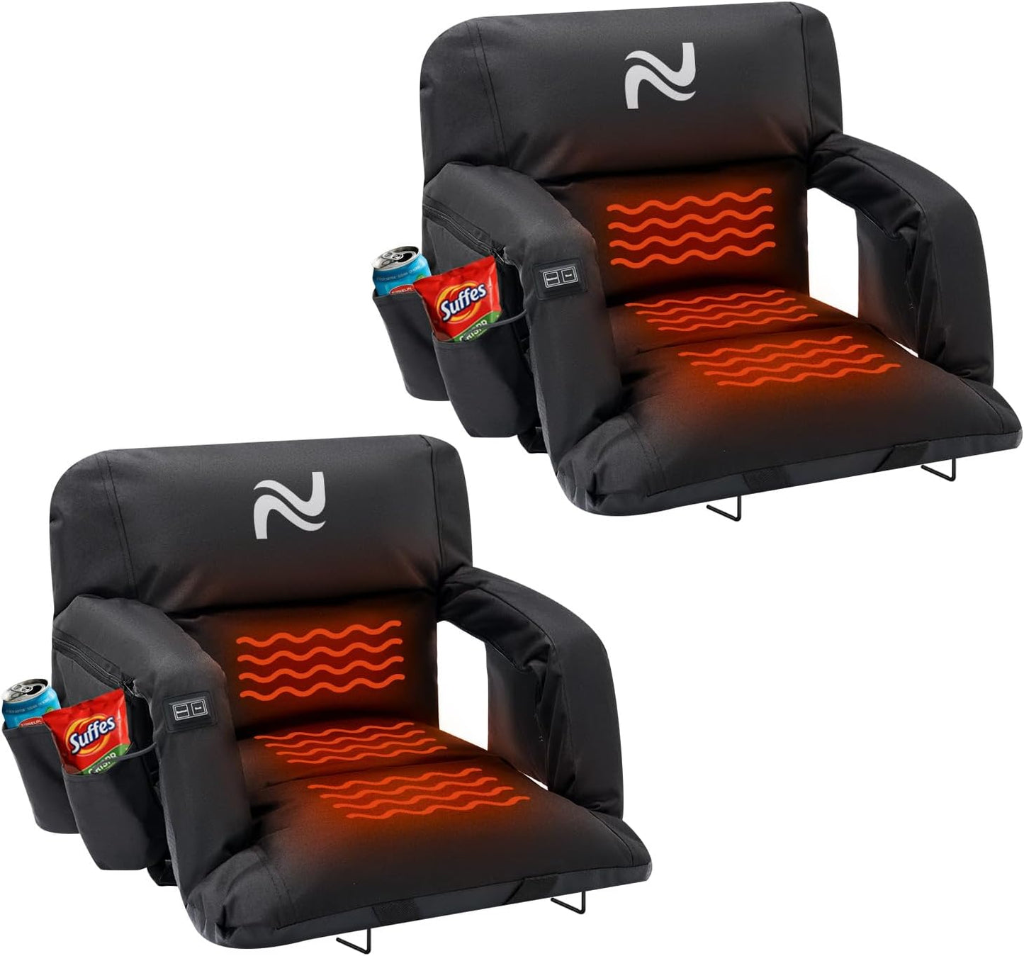 Wide Heated Stadium Seat for Bleachers w/Back Support & Cushion | 5-Position Adjustable Heated Stadium Seat with Armrests, 3 Heat Levels, Anti-Slip, Side Pockets, Backpack Straps (No Battery)