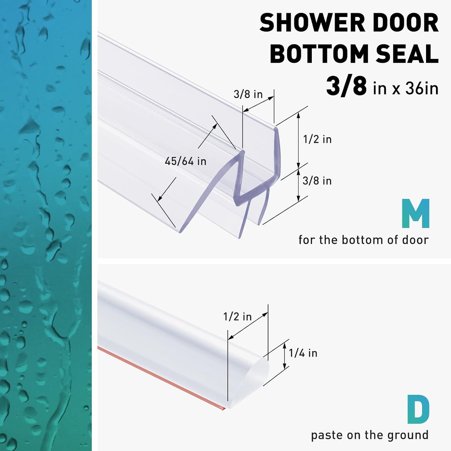 Shower Door Bottom Seal,2 PCS 3/8" x 36" | Shower Door Sweep for 3/8 Inch Glass, Frameless Glass Shower Door Seal Strip, Stop Shower Leaks and Create a Water Barrier