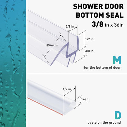 Shower Door Bottom Seal,2 PCS 3/8" x 36" | Shower Door Sweep for 3/8 Inch Glass, Frameless Glass Shower Door Seal Strip, Stop Shower Leaks and Create a Water Barrier