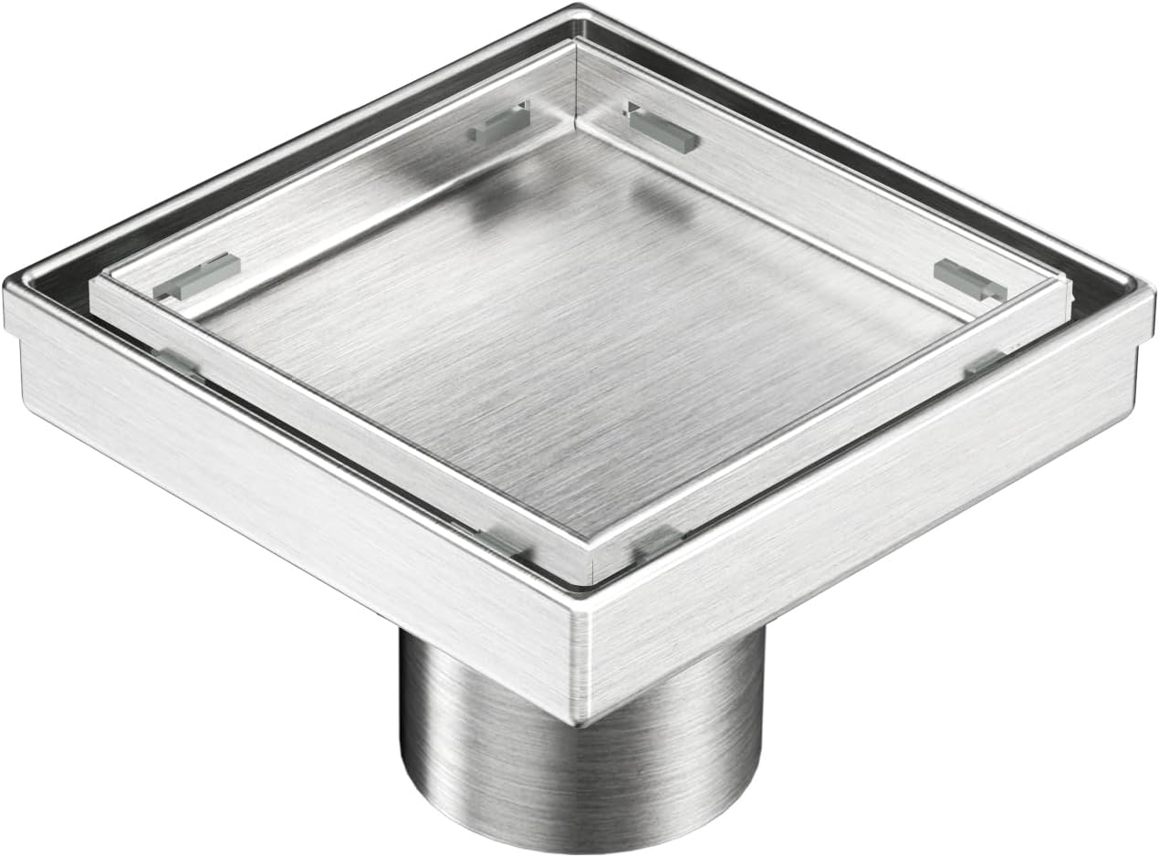 Neodrain 4" Brushed Square Shower Drain with Removable Tile Insert Grate | 304 Stainless Steel Tile Square Drain, Hidden Drain,Easy to Clean, Waterproof & Sturdy Shower Drain, CUPC Certified