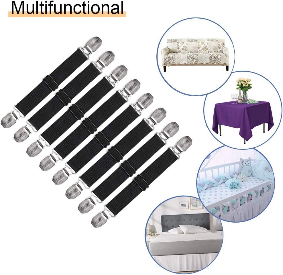 Adjustable Bed Sheet Straps Clips, Elastic Mattress Sheet Fasteners Holder and Suspenders, Grippers to Hold Sheet, Mattress, Sofa, Couch, Table Cloth, Ironing Board Cover, Black