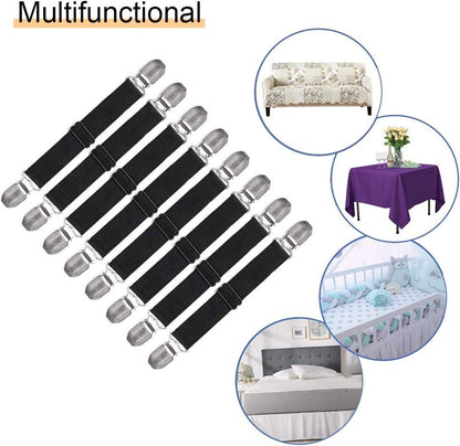 Adjustable Bed Sheet Straps Clips, Elastic Mattress Sheet Fasteners Holder and Suspenders, Grippers to Hold Sheet, Mattress, Sofa, Couch, Table Cloth, Ironing Board Cover, Black