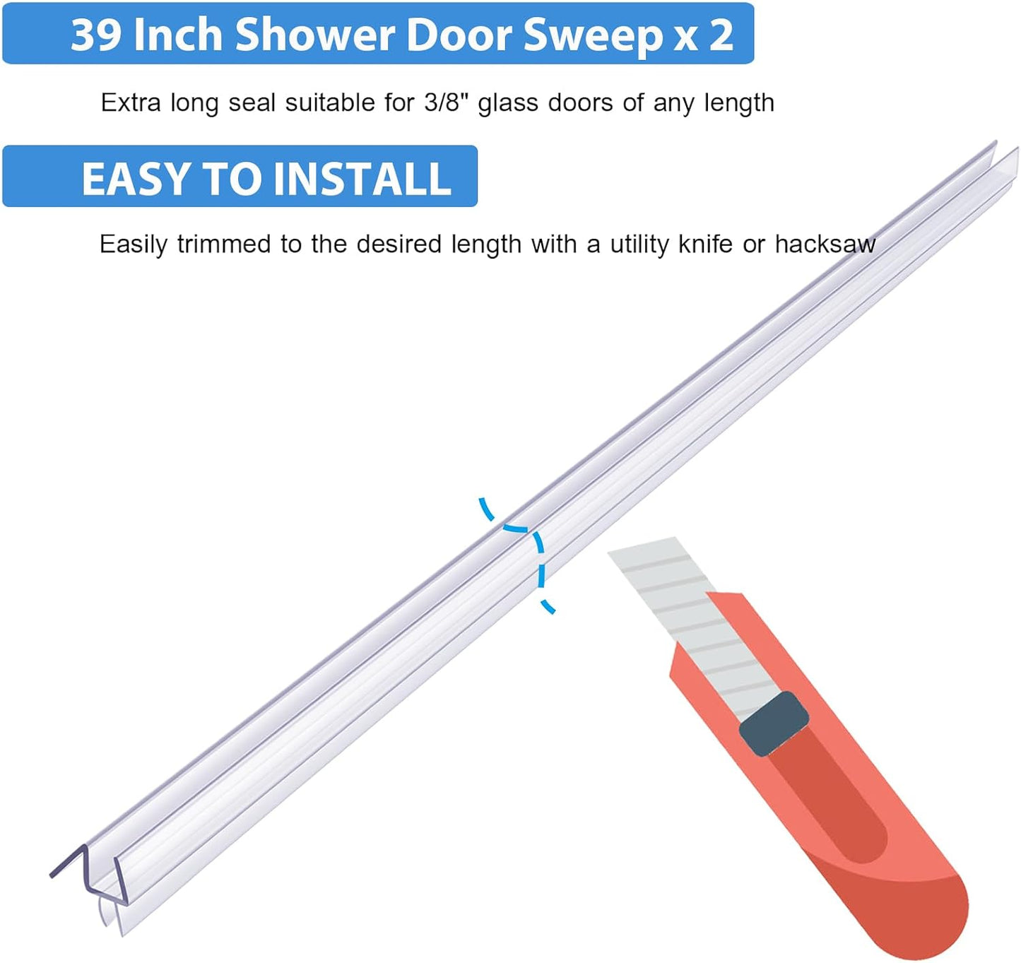 2-Pack Butecare Frameless Shower Door Bottom Seal for Glass Doors – Stop Shower Leaks and Create a Water Barrier (3/8” x 39”)