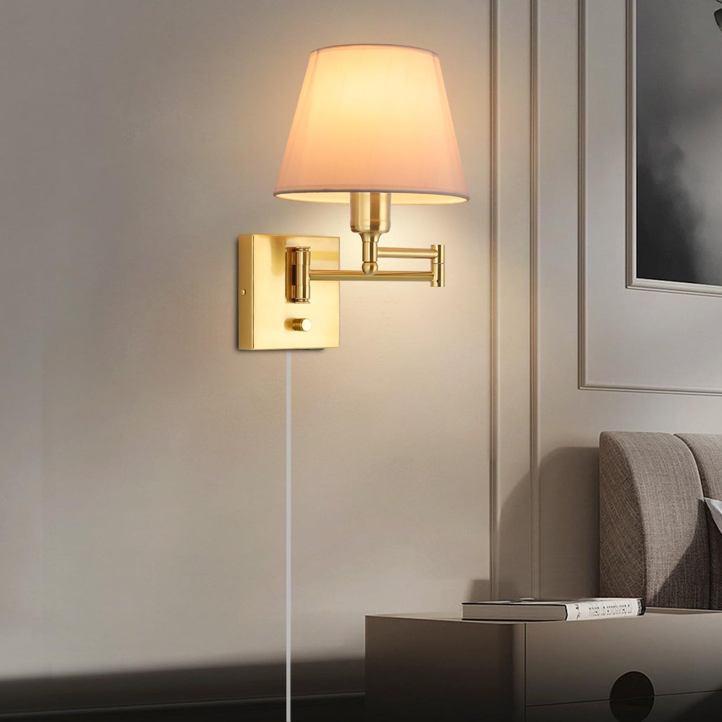 Bedside Wall Mount Light with Dimmable Switch and Outlet, Swing Arm Fabric Shade Wall Sconce Light with USB Port and Plug in Cord, Black Wall Lamp for Bedroom, Living Room and Hotel