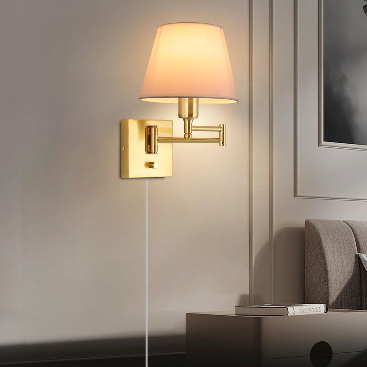 Bedside Wall Mount Light with Dimmable Switch and Outlet, Swing Arm Fabric Shade Wall Sconce Light with USB Port and Plug in Cord, Black Wall Lamp for Bedroom, Living Room and Hotel