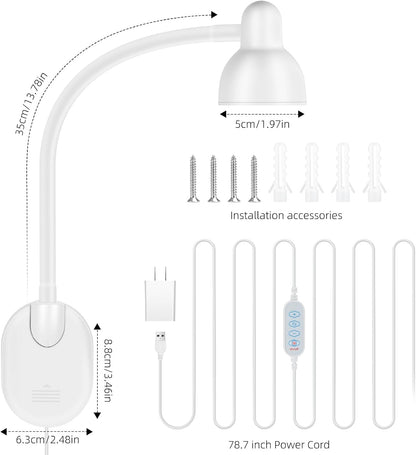 Wall Mounted Reading Light, LED Wall Bedside Lamp with Adapter, 5 Color & 10 Brightness, Plug-in Adhesive Wall Reading Lights for Books in Bed, Auto-Off Timer Wall Lights for Bedroom Headboard Black