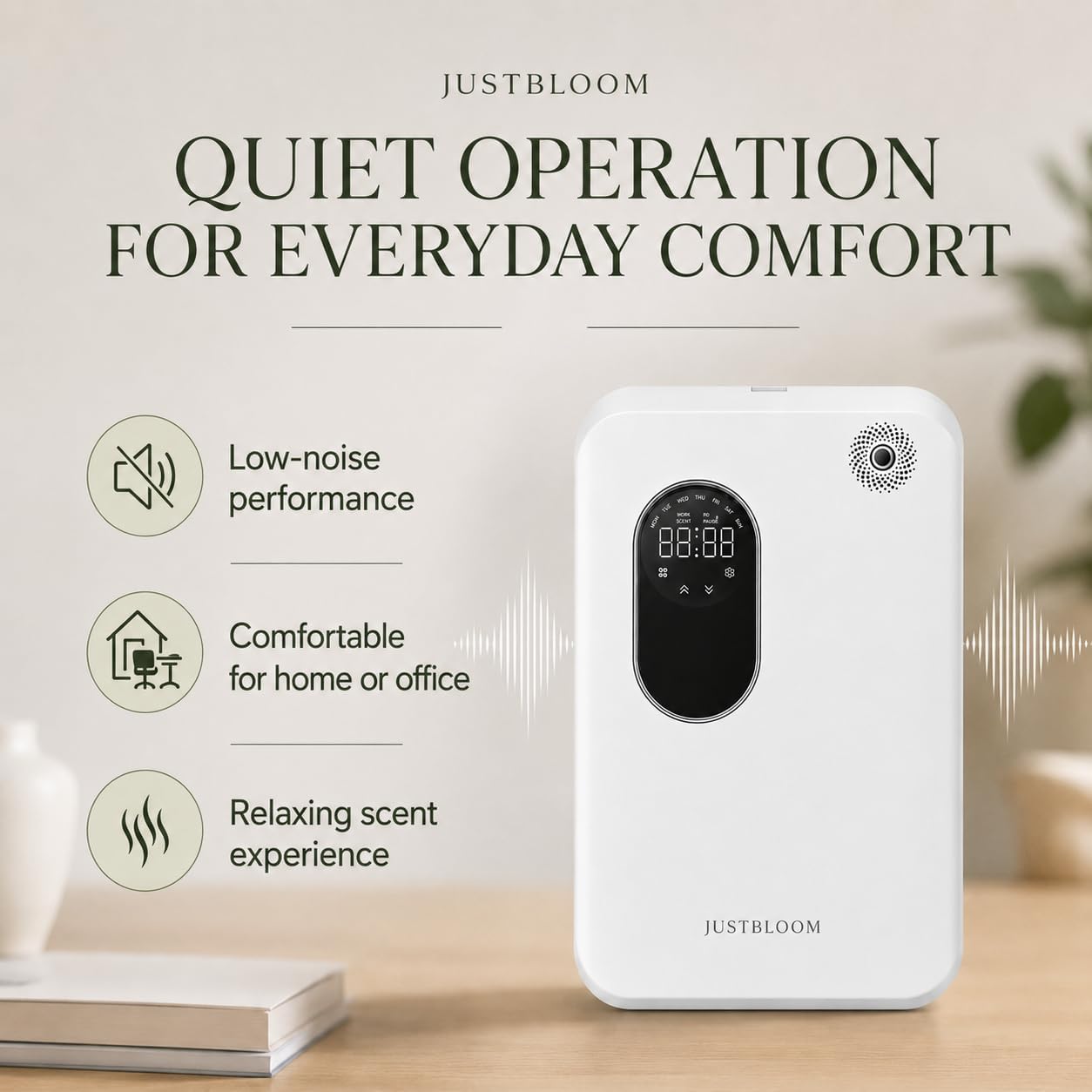 JUSTBLOOM Hotel Essential Oil Diffuser, Waterless Fragrance Diffuser | Up to 4000 Sq Ft: Smart App Control, Cold Air Diffusion, ,360° Ambient Light, Auto Shut-Off, Premium Aluminum Design
