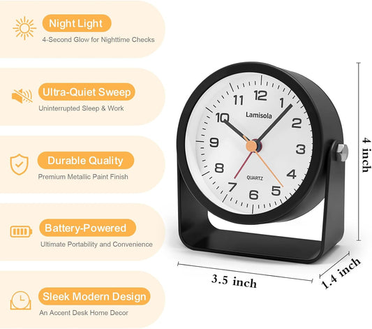 Lamisola 3.5 Inch Small Desk Battery Clock, Black Alarm Clock for Bedroom | Travel Clock for Bathroom Table Shelf Bedside, Cute Metal Vintage Silent Night Light Snooze for Kids Seniors