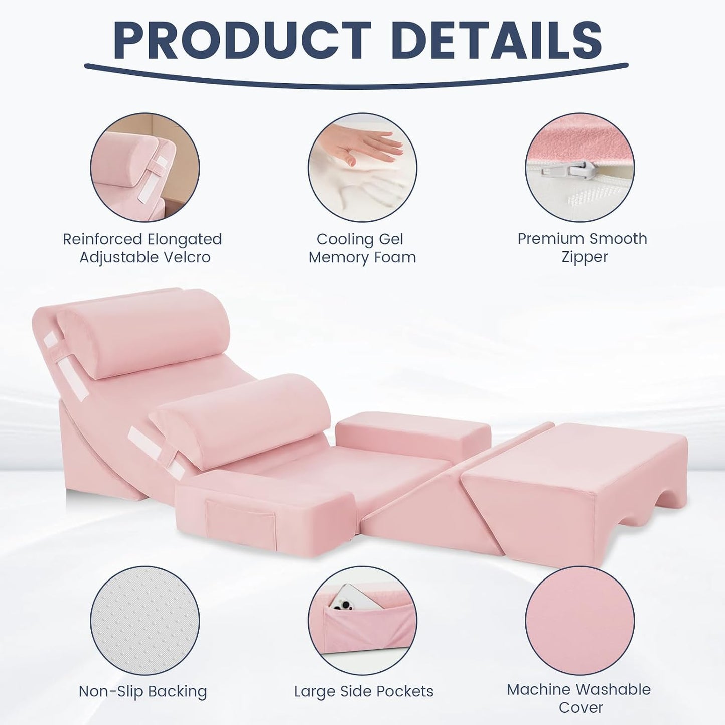5PCS Wedge Pillow Set for After Surgery, Adjustable Orthopedic Foam Bed Wedge Pillow for Acid Reflux, GERD & Heartburn Relief, Back & Leg Elevation Support for Sleeping & Sitting Up, White Grey