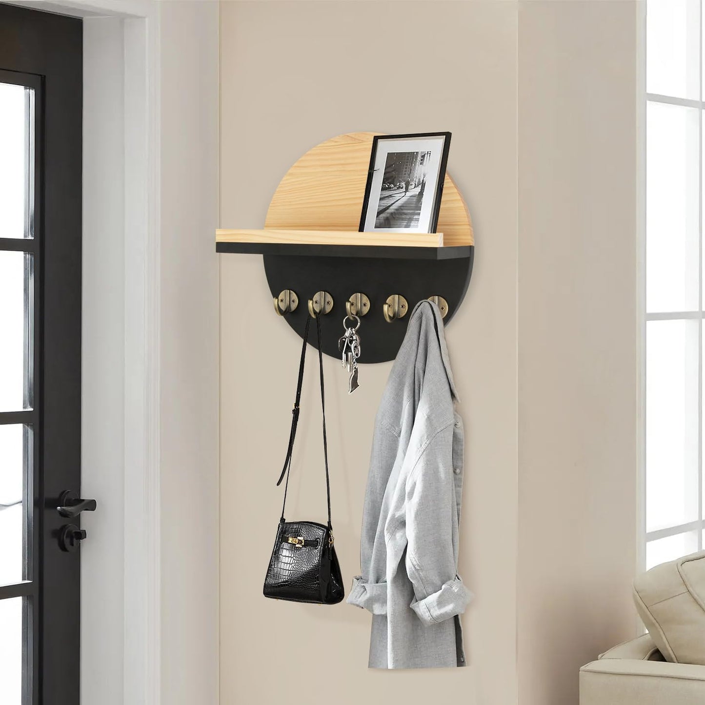 Gurfuy Key Holder for Wall with Shelf - Wood Mail Organizer and Rack with Shelf Hooks Wall Mounted for Entryway Decor Magazines Letter Storage Farmhouse Living Room Bedroom Doorway Green