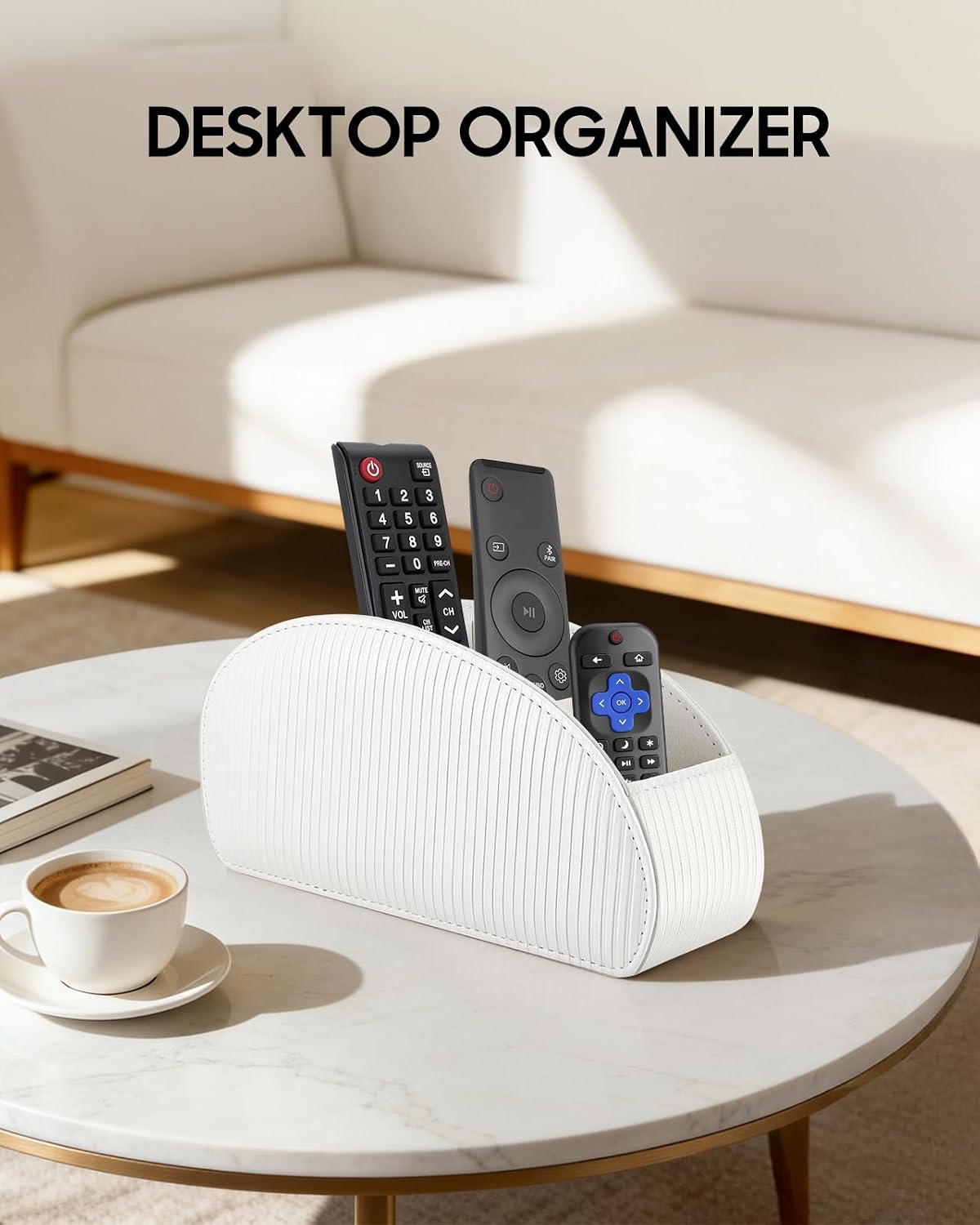 SITHON Remote Control Holder with 5 Compartments | PU Leather Remote Caddy Desktop Organizer Store TV, DVD, Blu-Ray, Media Player, Heater Controllers, Stripe Black