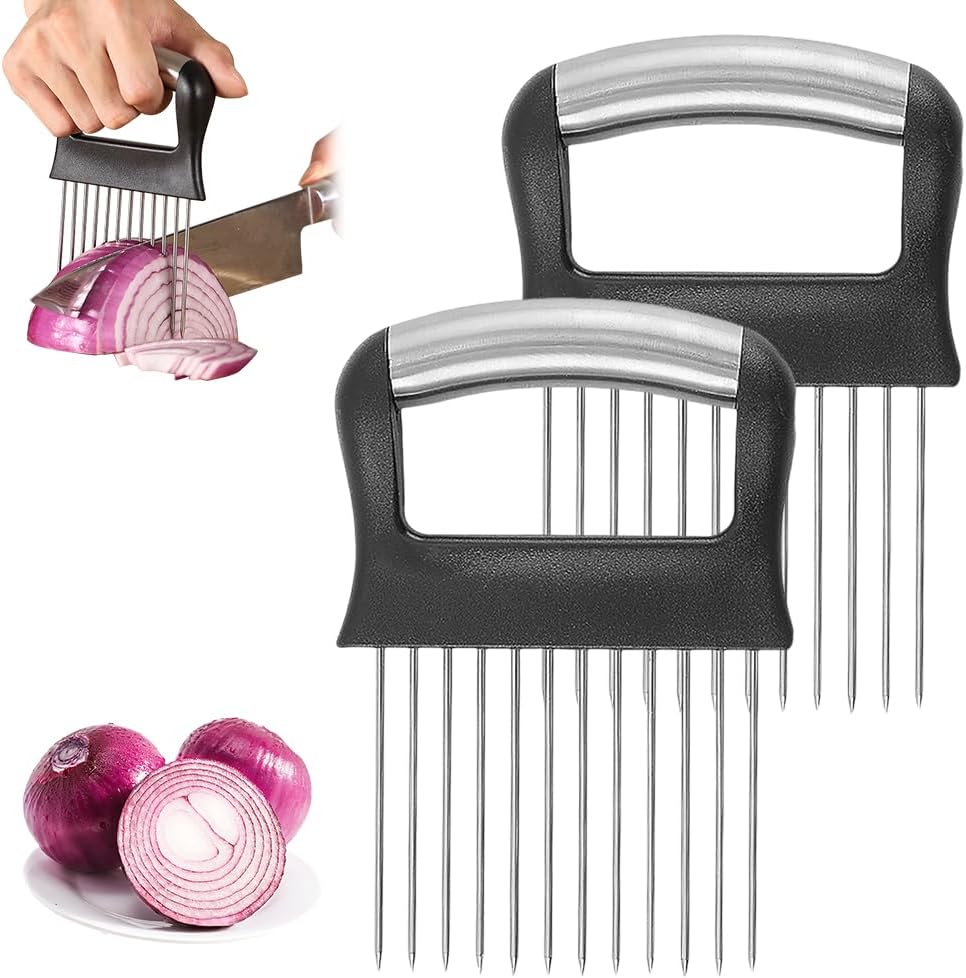 Onion Holder for Slicing, 2025 New Stainless Steel Onion Slice Holder Lemon Slicer Vegetable Cutter, Kitchen Chopper Slicing Assistant Tool for Meat, Onion, Potato, Tomato (A-1PCS)